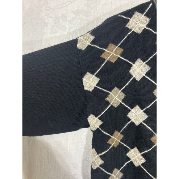 Vintage Brandini Sweater Large Black White Tan Argyle Crew Neck Wool Blend Italy - Picture 4 of 9